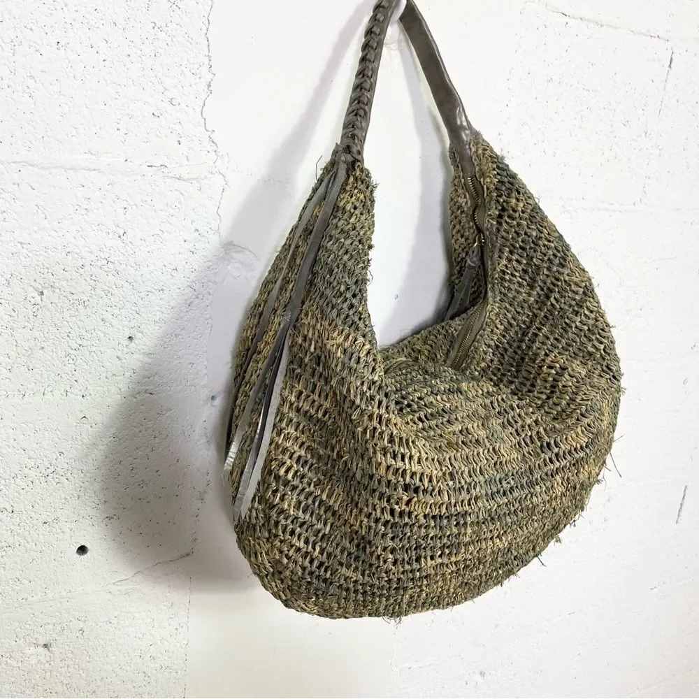 NEW Flora Bella tan green  raffia leather boho hobo shoulder bag